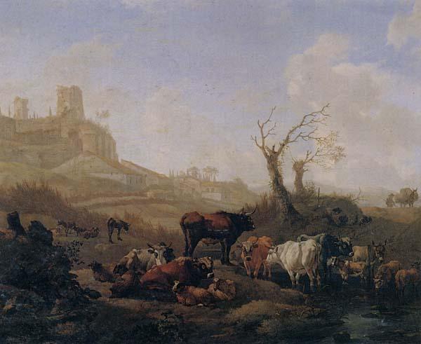 William Romeyn Cattle and sheep by a stream in a pasture,a town beyond oil painting picture